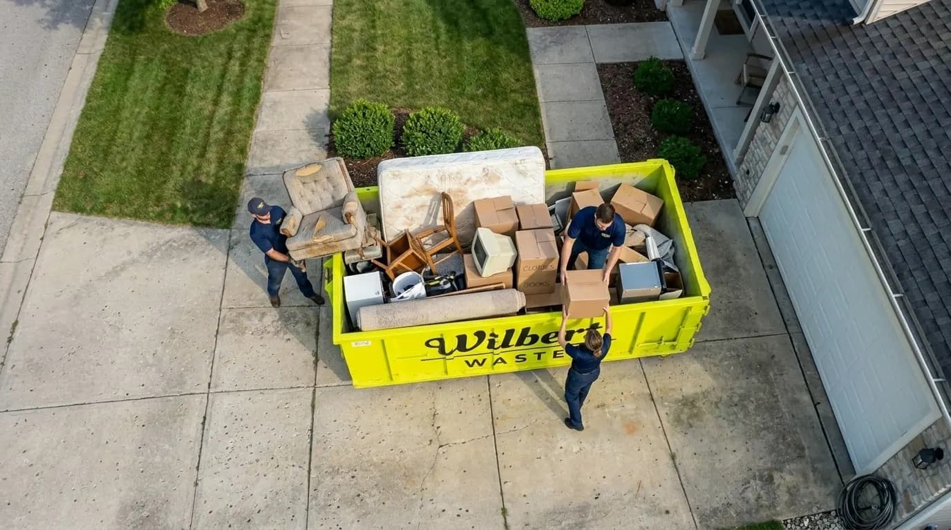 Crew loading a 20-yard roll-off during a multi-room renovation cleanout