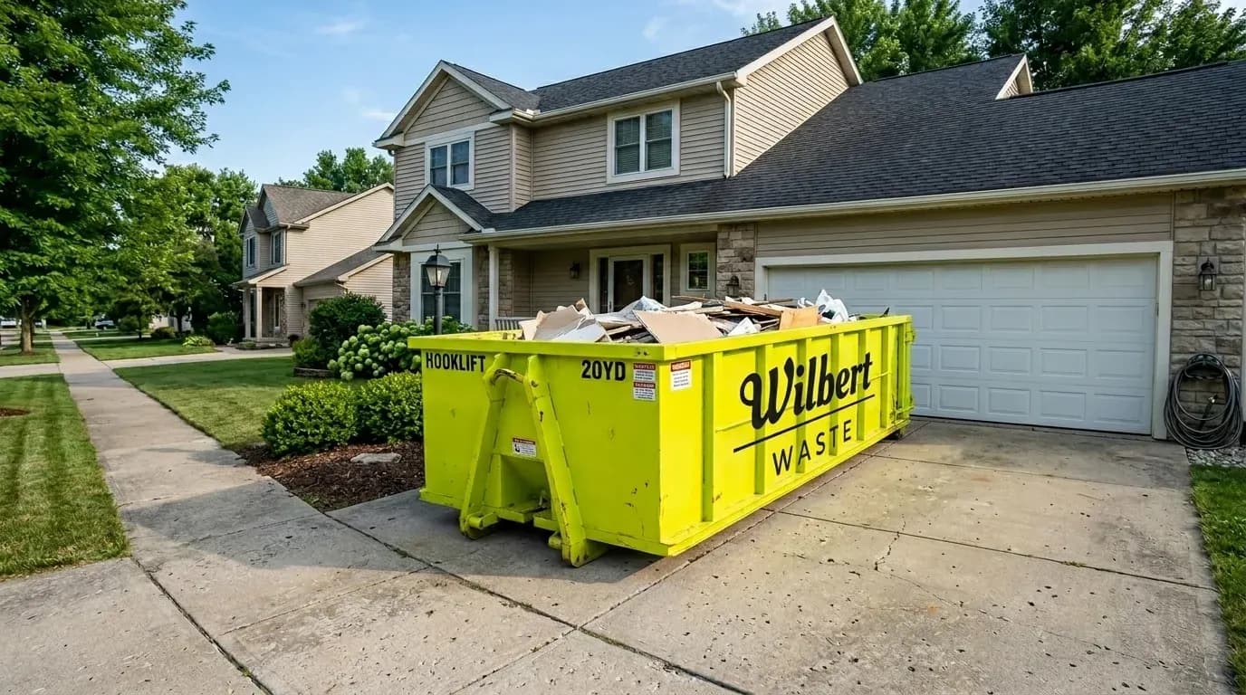 20-yard roll-off dumpster placed on a residential driveway in the Charleston metro