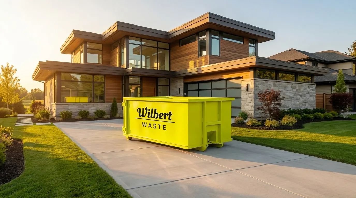 Branded Wilbert Waste roll-off dumpster on a concrete driveway in the Summerville, SC area