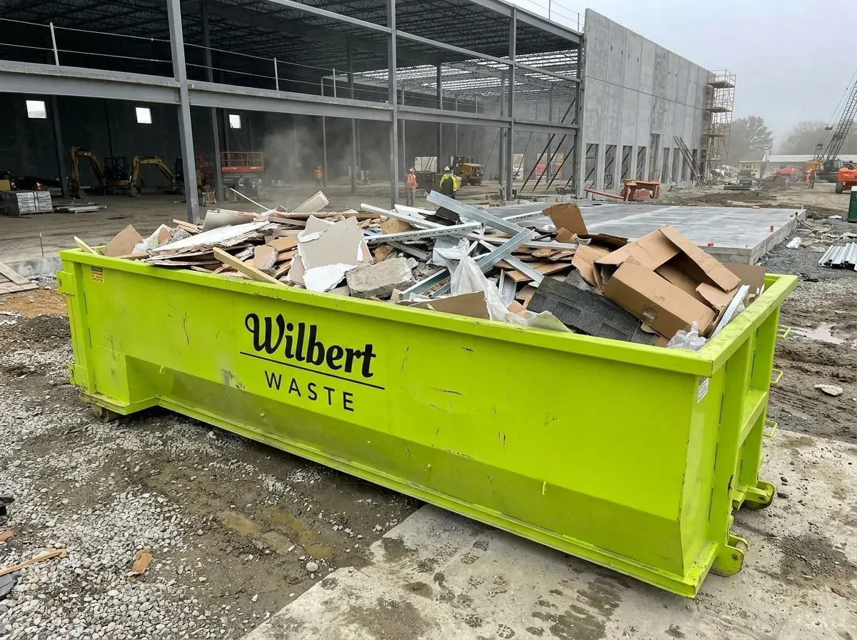 Wilbert Waste roll-off dumpster filled with C&D debris at a Lowcountry construction site